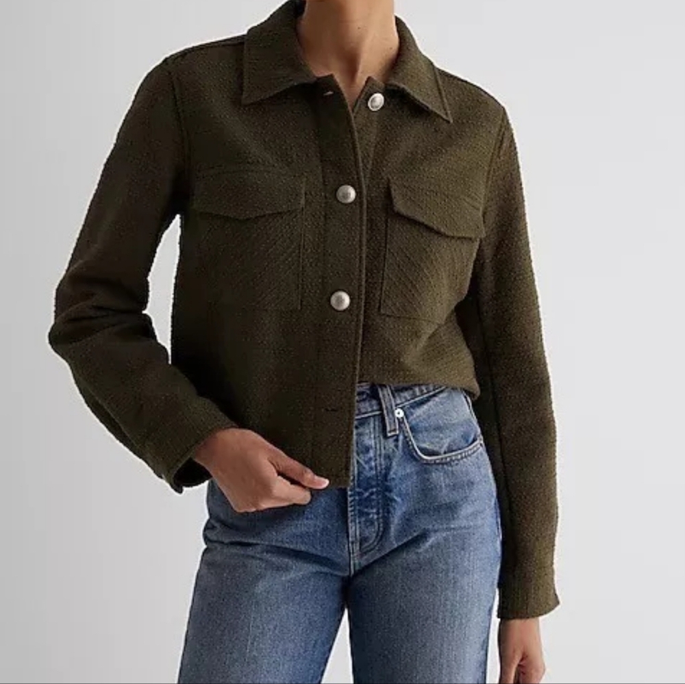 Express Boucle Tweed Button Cropped Shacket Jacket Olive Green Size Large - Picture 2 of 7